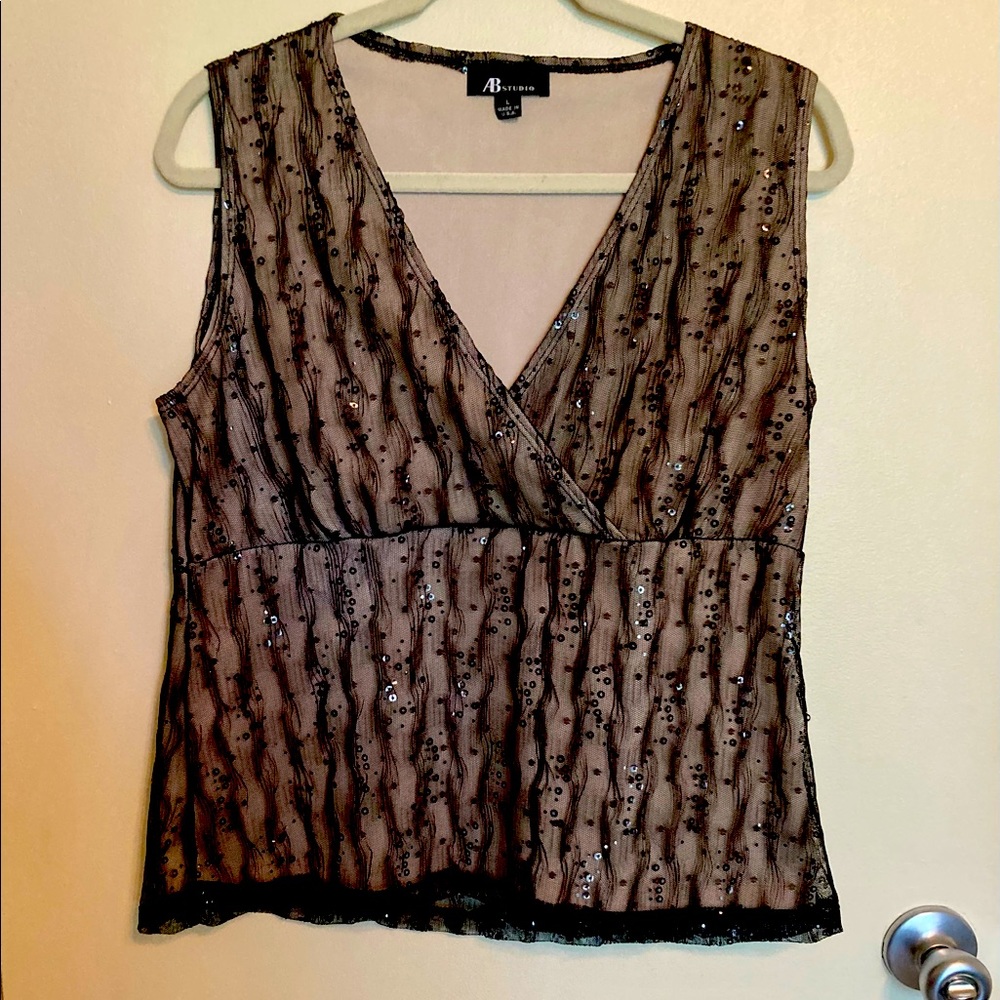 AB Studio Sequined Sheer Overlay Surplice Top Tank Cream Black Dressy Event L